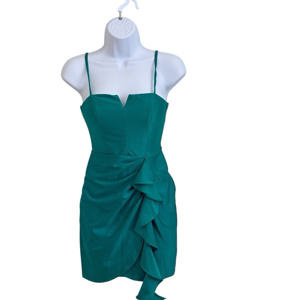 City Studio Emerald Green Ruffle Bodycon Dress Spaghetti Strap Size 1/2